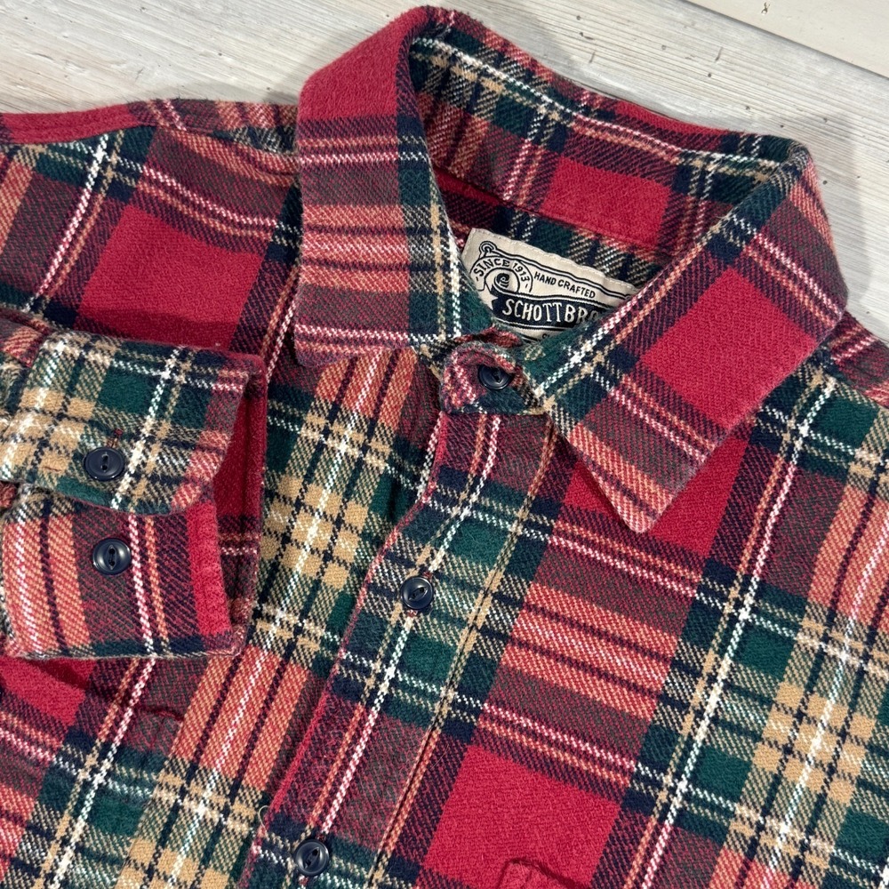 Schott Bros NYC Flannel Shirt Men's Medium Red Tan Plaid Button Down Workwear